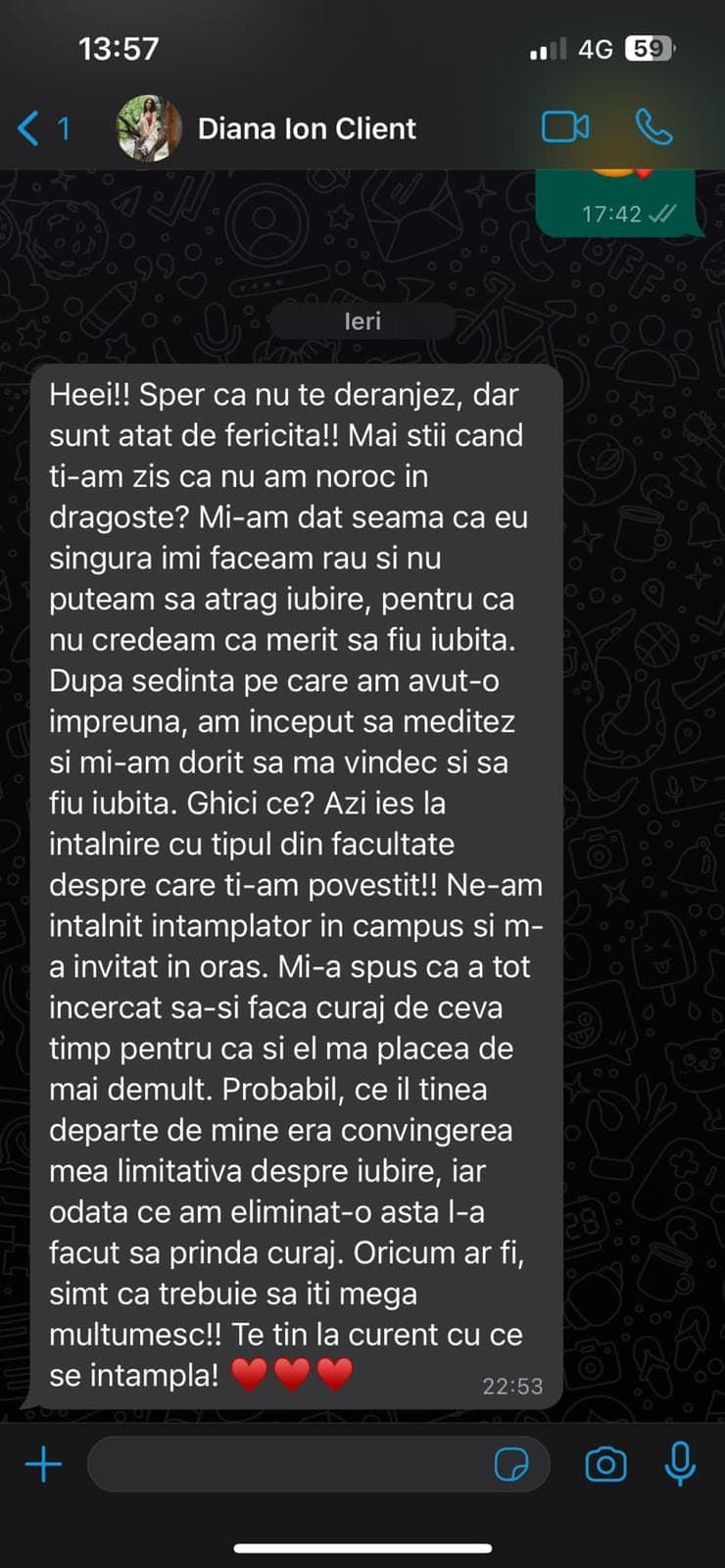 Captură de recenzie primită prin mesaj de la o pacientă