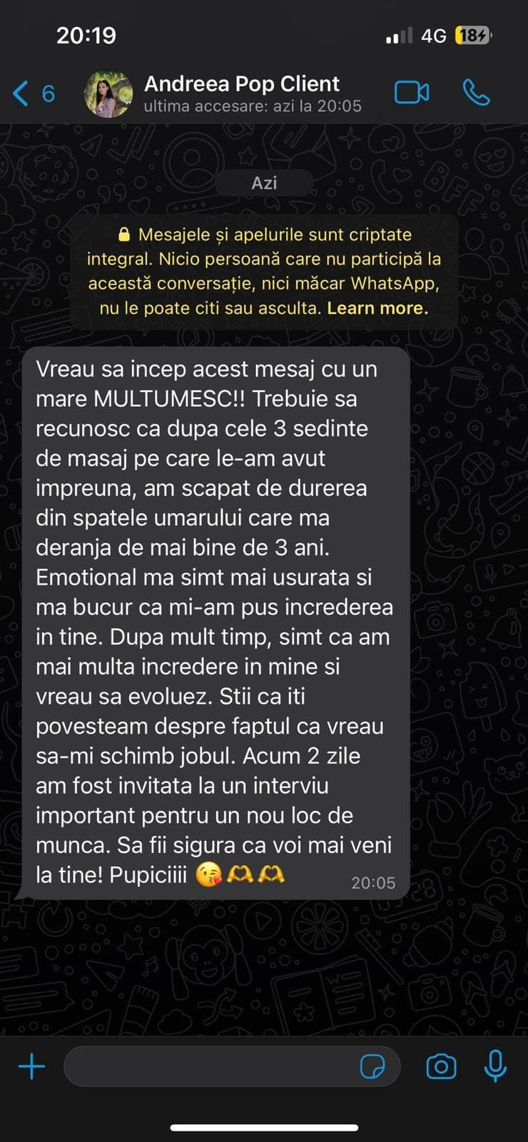 Captură de recenzie primită prin mesaj de la o pacientă