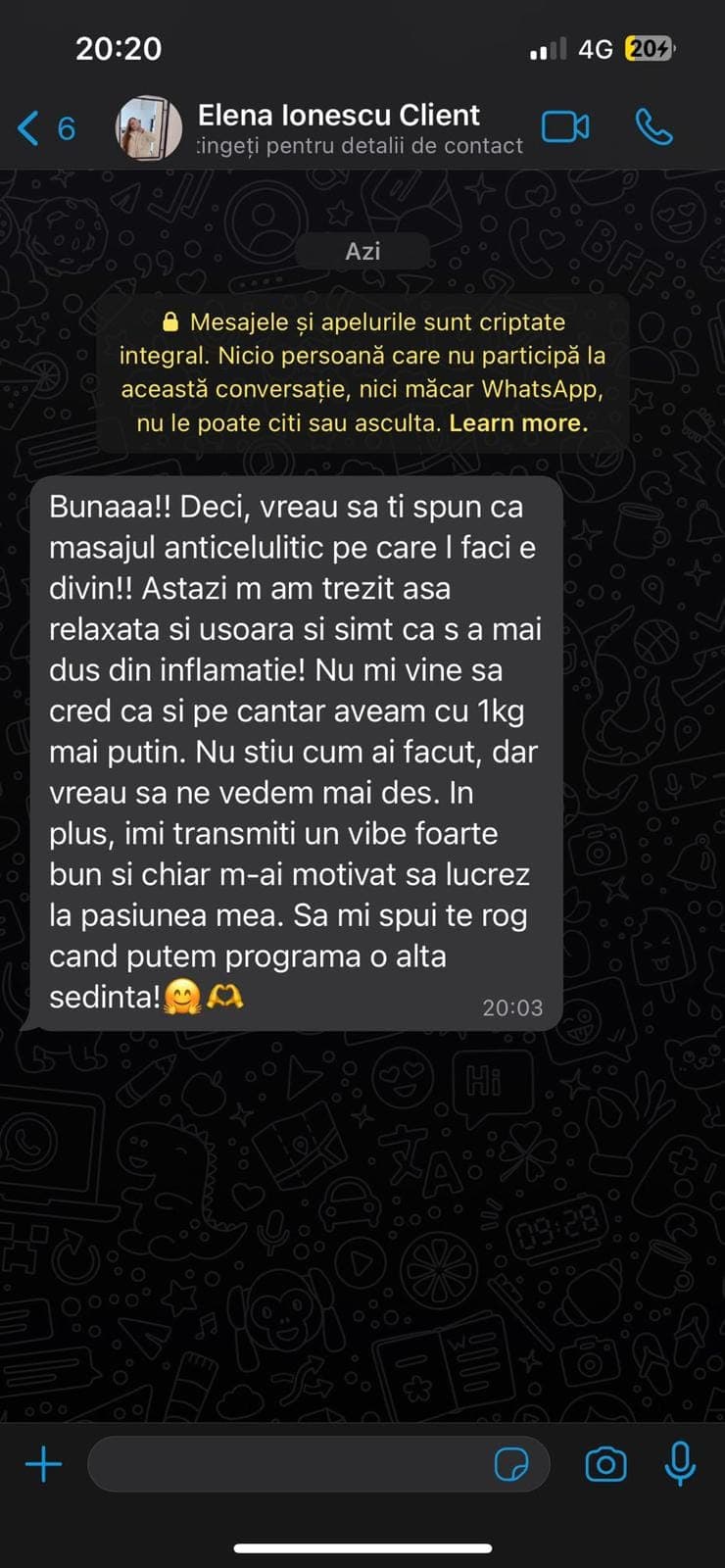Captură de recenzie primită prin mesaj de la o pacientă