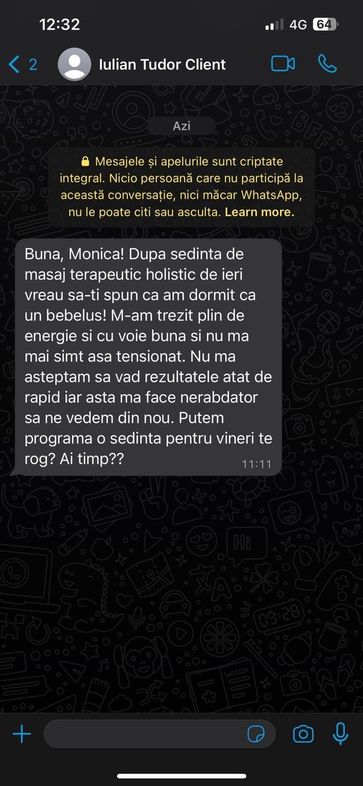 Captură de recenzie primită prin mesaj de la o pacientă
