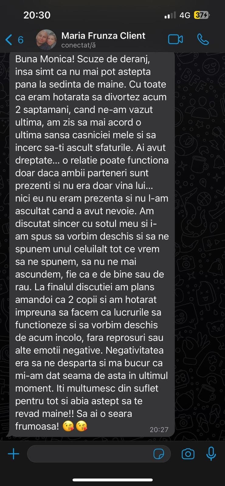 Captură de recenzie primită prin mesaj de la o pacientă